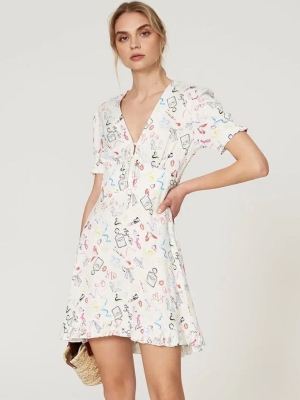 Maje Ramake Printed Jacquard and Ruffle White Lipstick Bow Mini Dress NEW